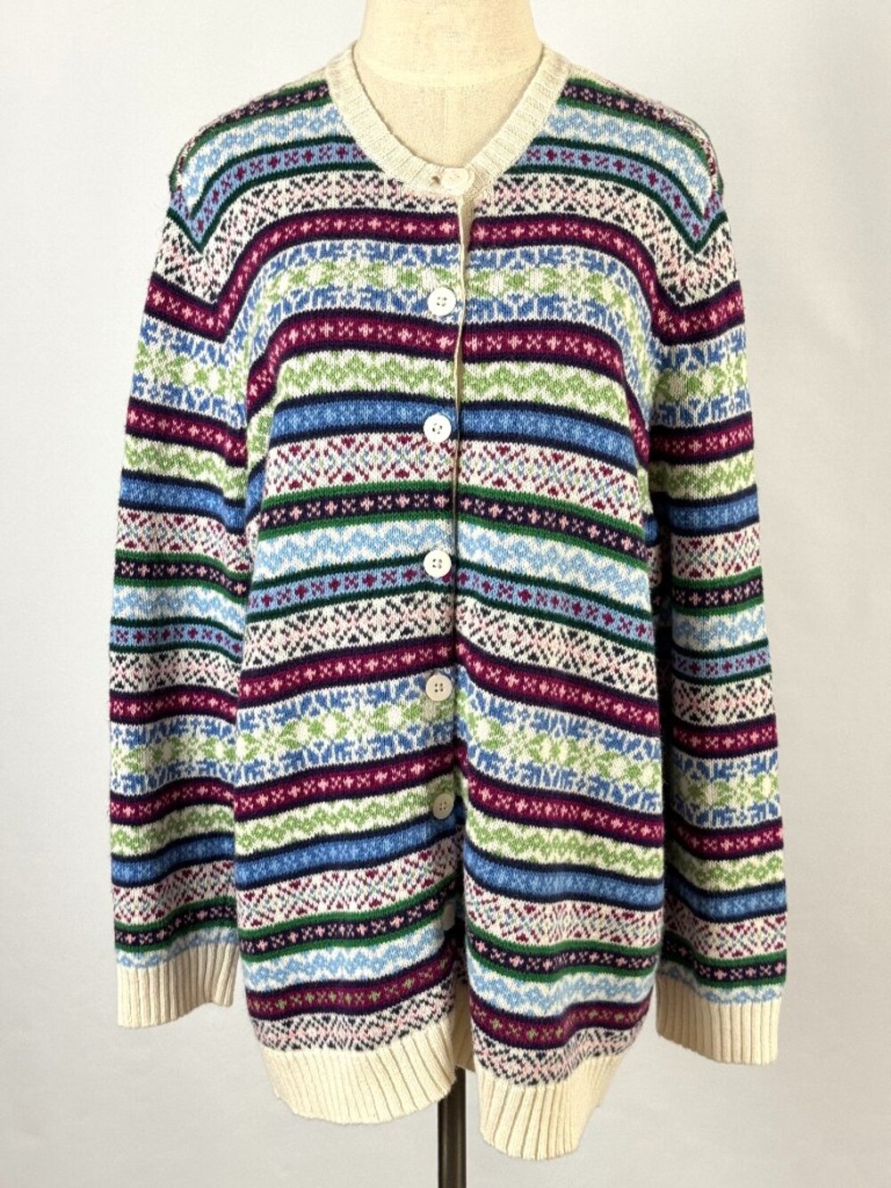 Vtg Cherokee Striped Fair Isle Cardigan Size 2X Knit Sweater Cotton Ramie Y2K